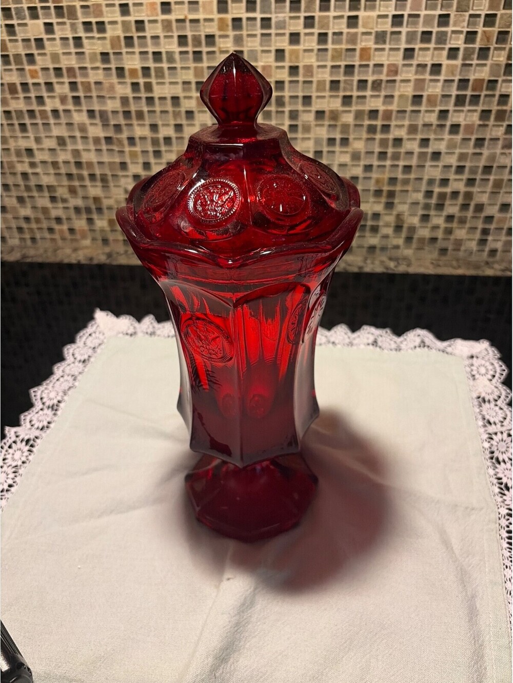 Ruby Red Vtg Fostoria Coin Glass 14”H Covered Heavy Glass Candy Dish/urn/vase